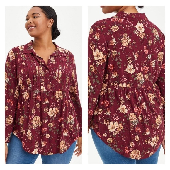 Torrid 3X Rayon Slub Lace Trim Tunic Top Long Sleeve Floral Henley - Picture 1 of 12